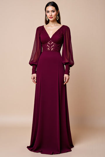 Burgundy Long Sleeves V Neck Mother Of The Bride Dress With Appliques